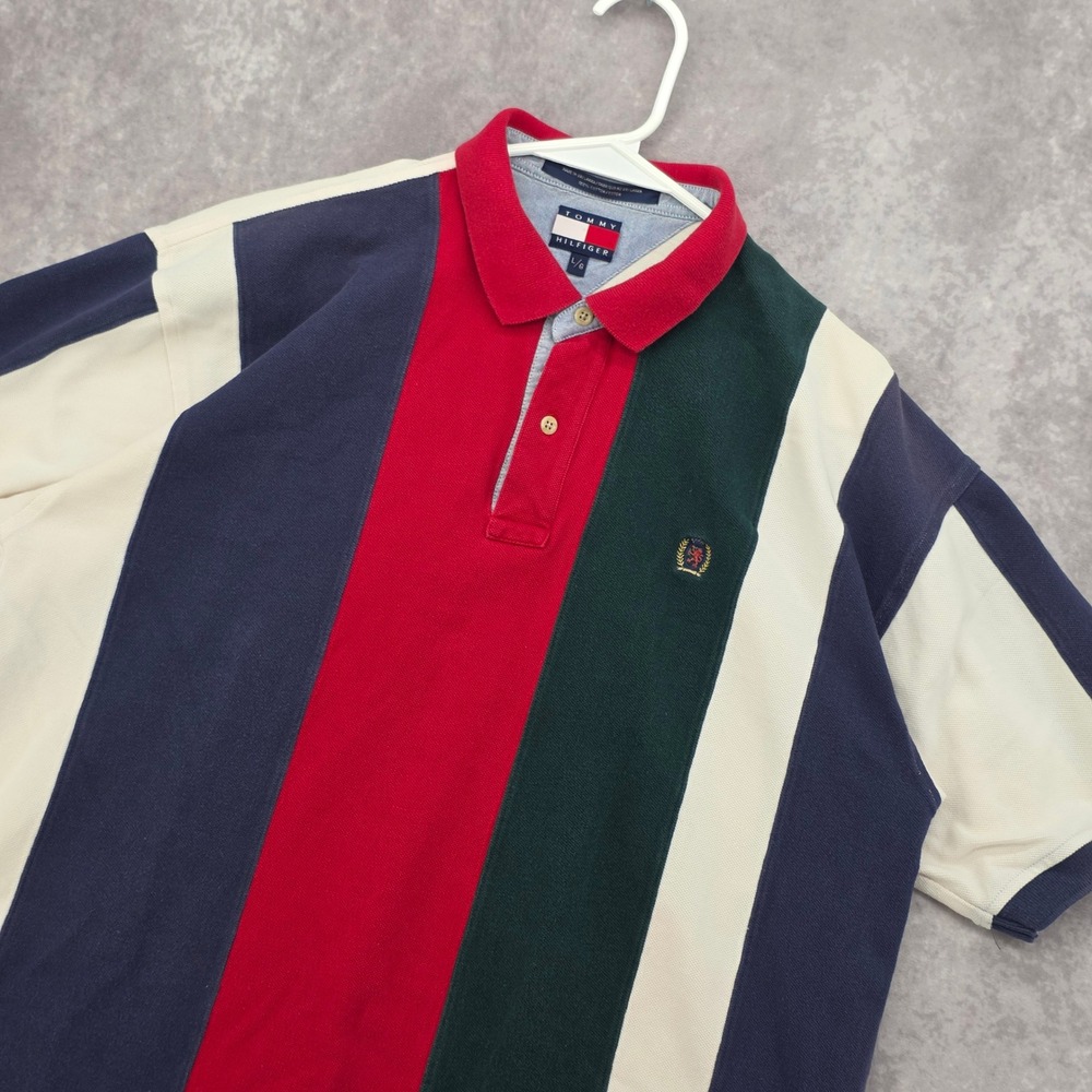 Vintage 90s Tommy Hilfiger Mens Large Colorblock Polo Shirt Crest Logo Y2K Style